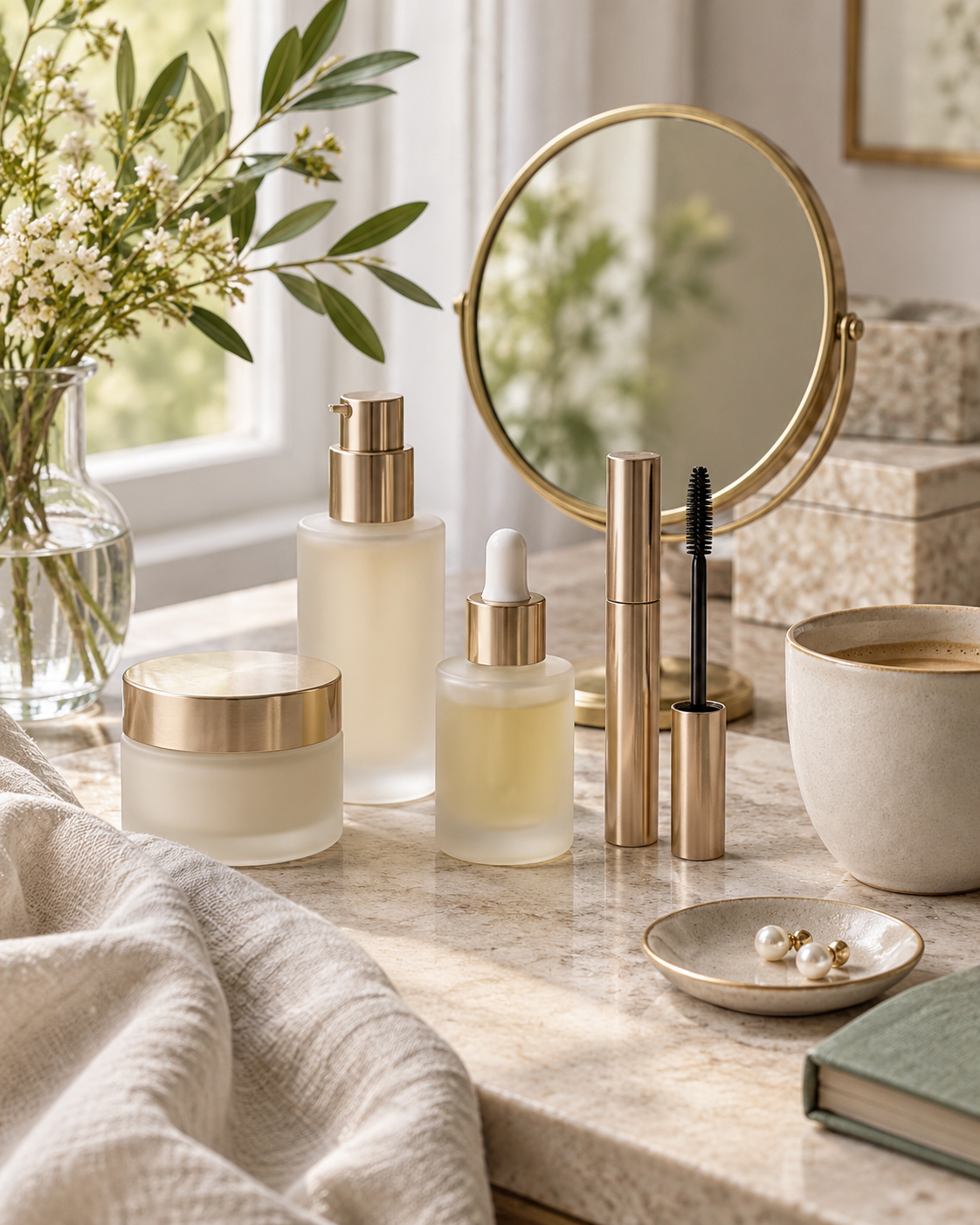 Elegant neutral beauty products in natural light