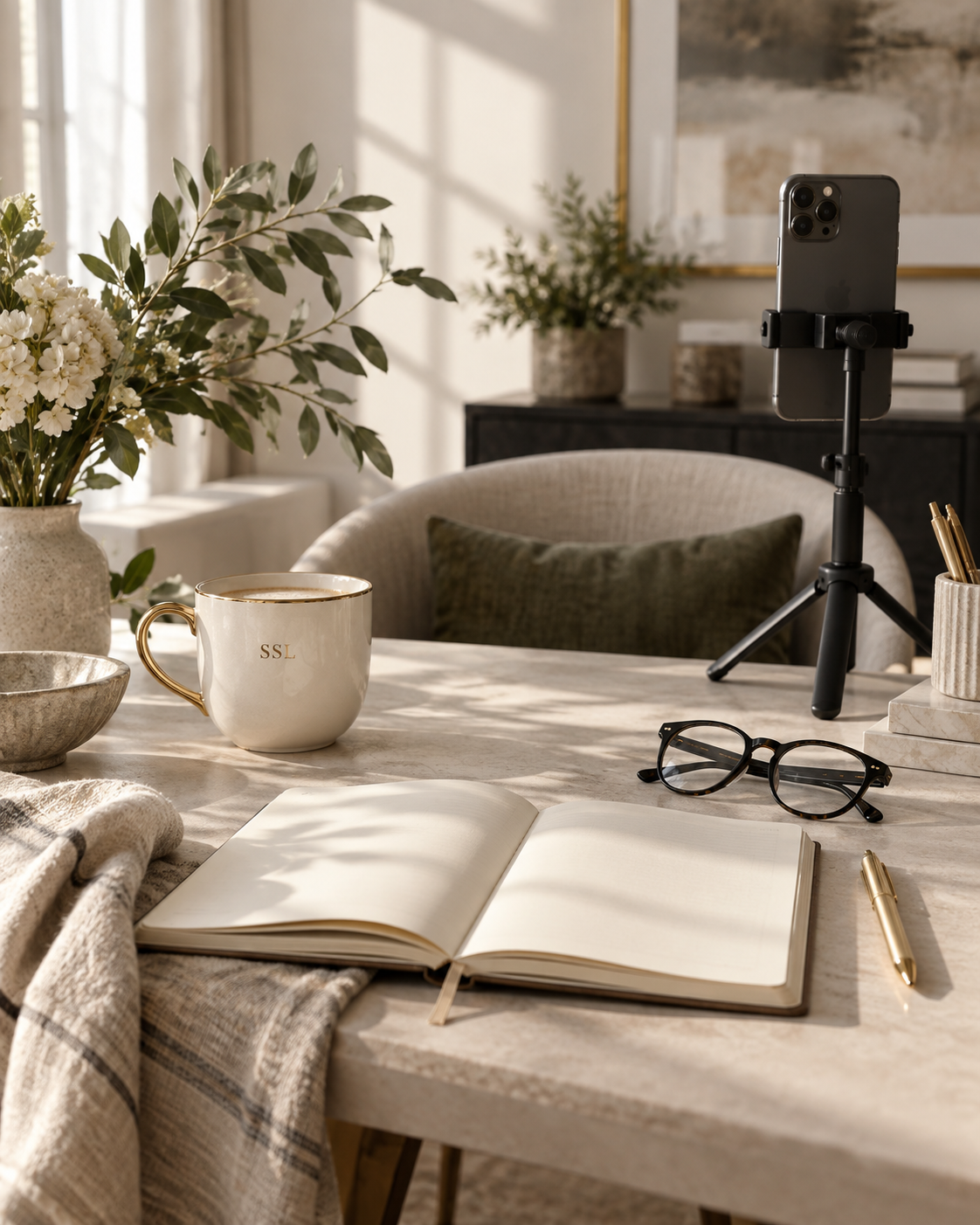 Sophisticated creator workspace with phone, journal and SSL coffee cup