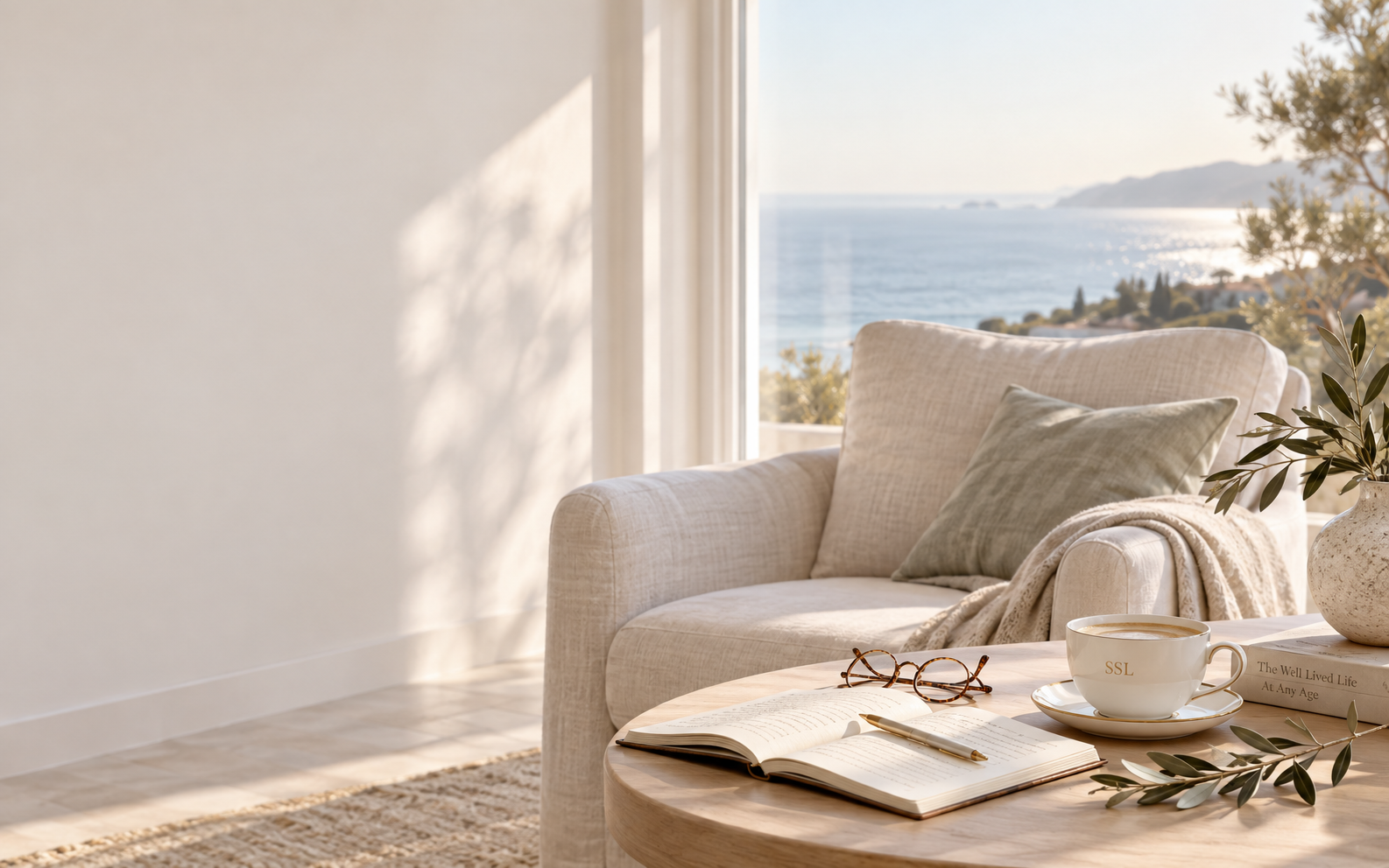 Sunlit coastal room with an SSL coffee cup and open journal