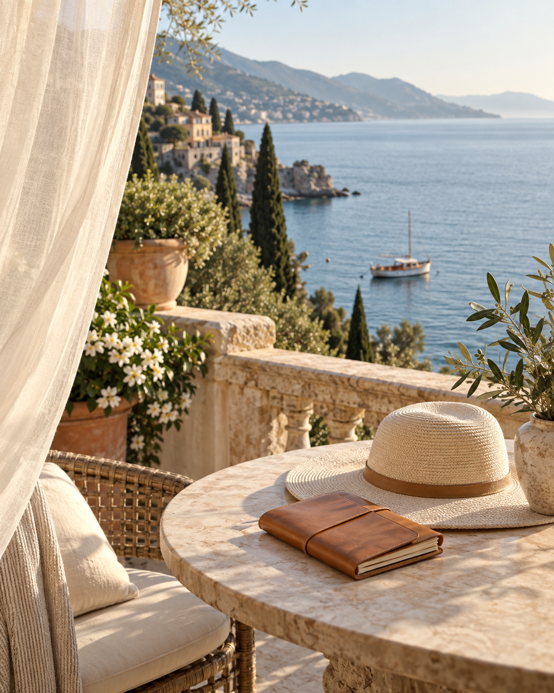 Elegant coastal terrace overlooking blue water